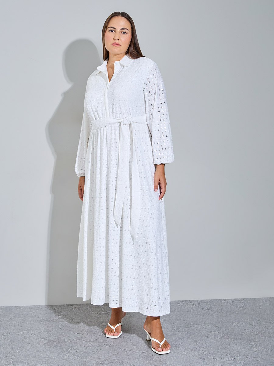 Plus Size White Eyelet Details Shirt Maxi Dress