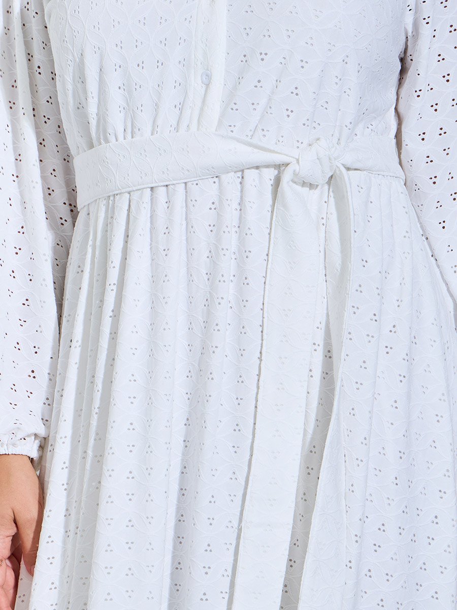 Plus Size White Eyelet Details Shirt Maxi Dress