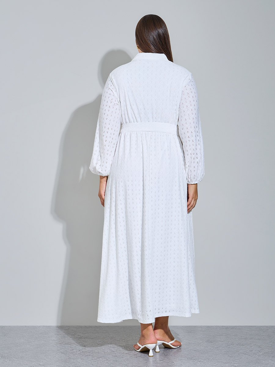 Plus Size White Eyelet Details Shirt Maxi Dress
