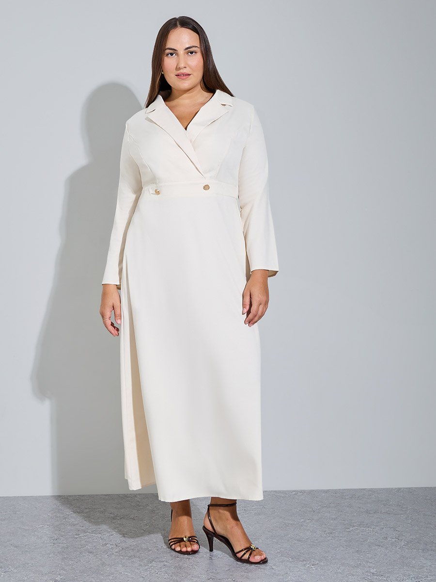 Plus Size Off White Double Breasted A-Line Maxi Dress