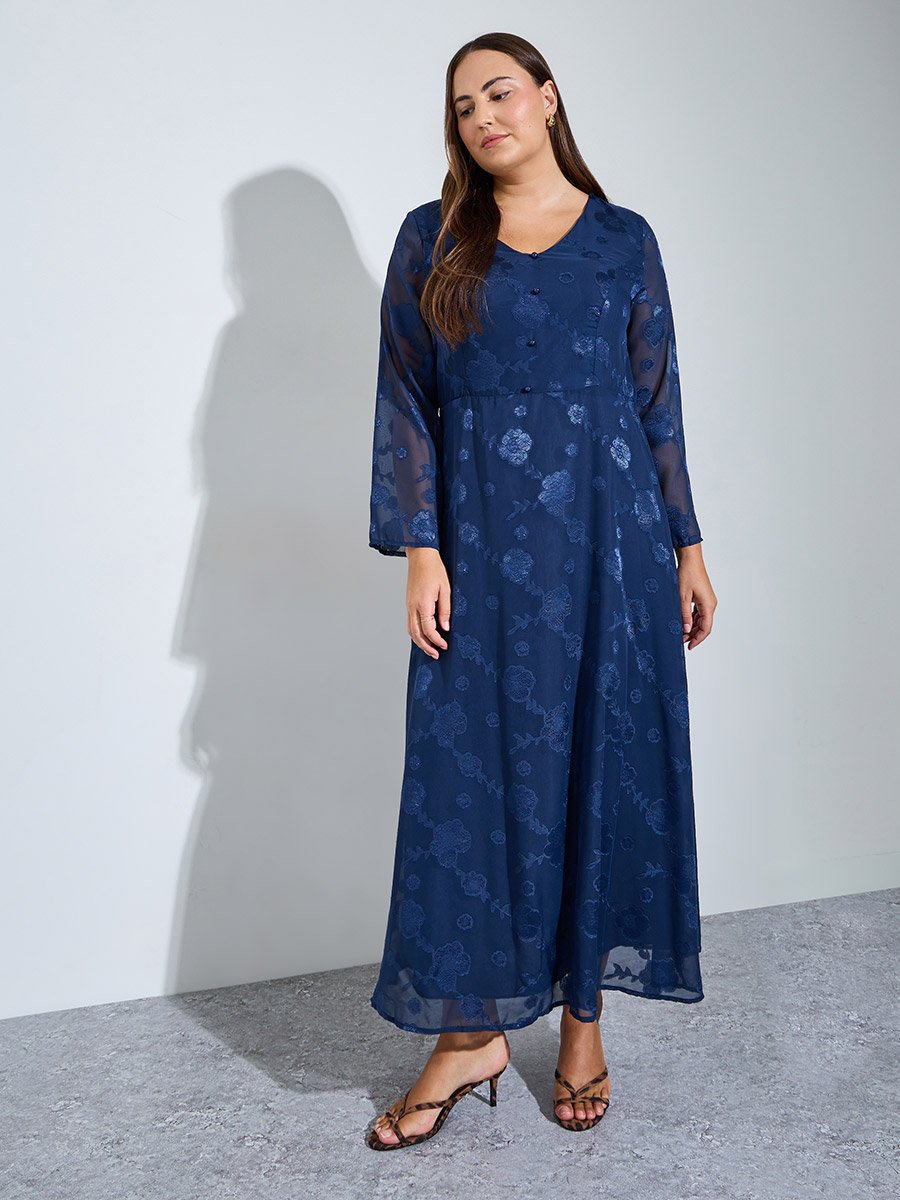 Plus Size Nave Blue Floral Embroidery Jacquard A-Line Maxi Dress