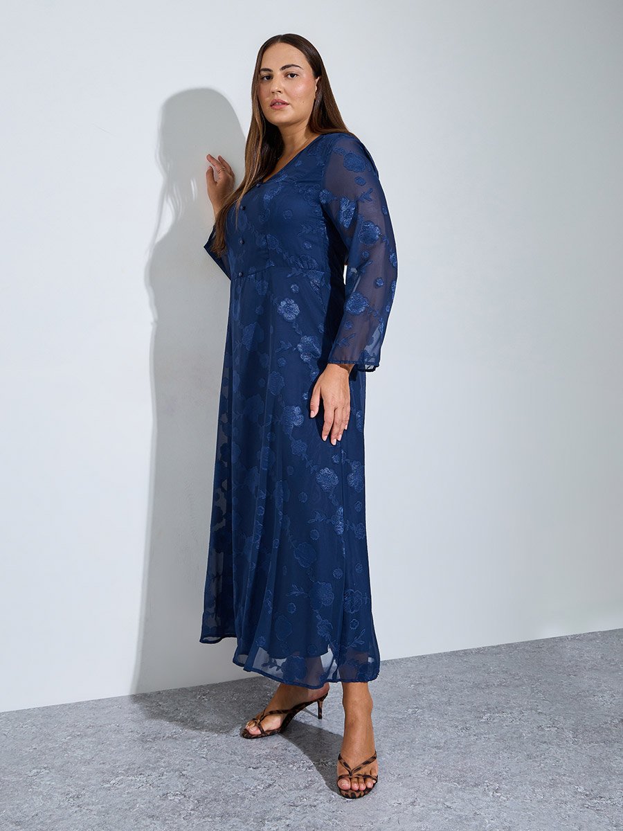 Plus Size Nave Blue Floral Embroidery Jacquard A-Line Maxi Dress