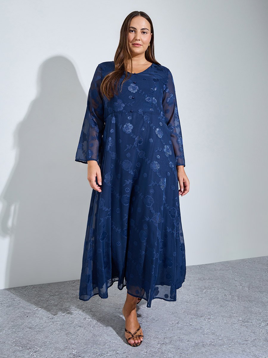 Plus Size Nave Blue Floral Embroidery Jacquard A-Line Maxi Dress
