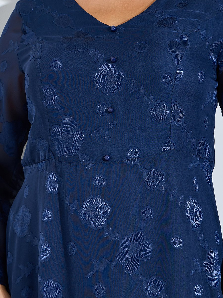 Plus Size Nave Blue Floral Embroidery Jacquard A-Line Maxi Dress