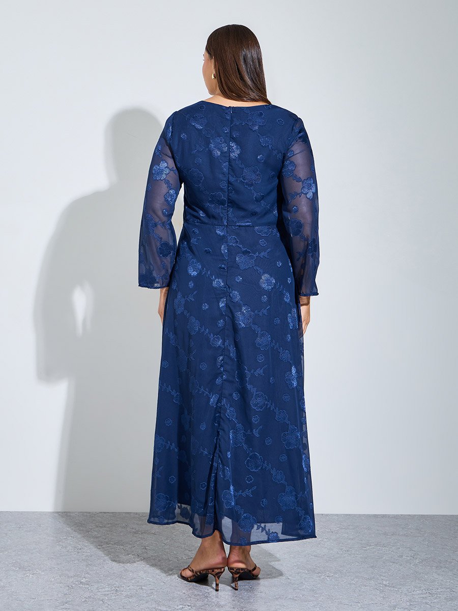 Plus Size Nave Blue Floral Embroidery Jacquard A-Line Maxi Dress