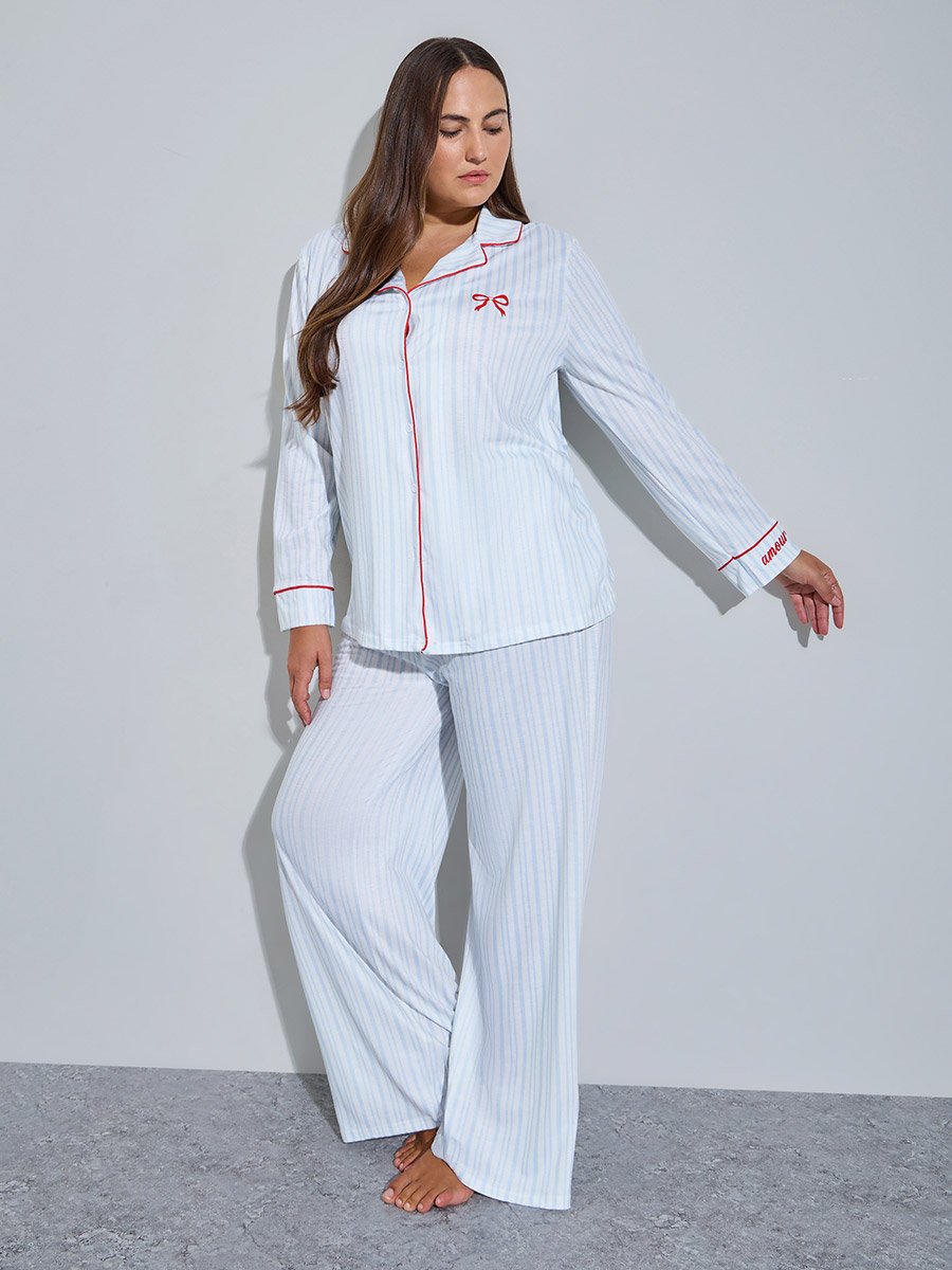Plus Size Blue Striped With Bow Detail Shirt and Pants Pyjama Set