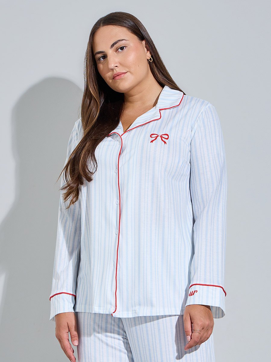 Plus Size Blue Striped With Bow Detail Shirt and Pants Pyjama Set