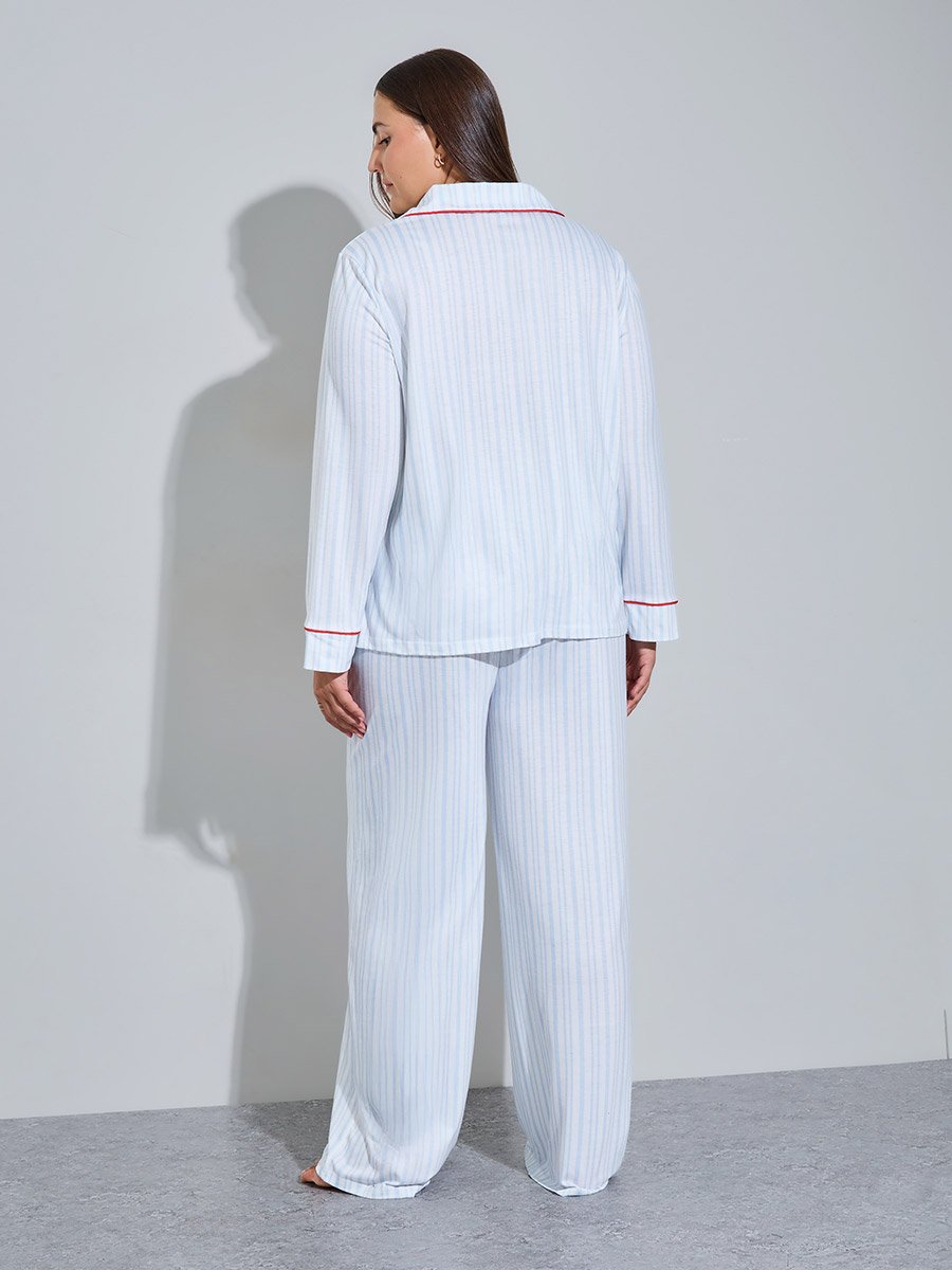 Plus Size Blue Striped With Bow Detail Shirt and Pants Pyjama Set