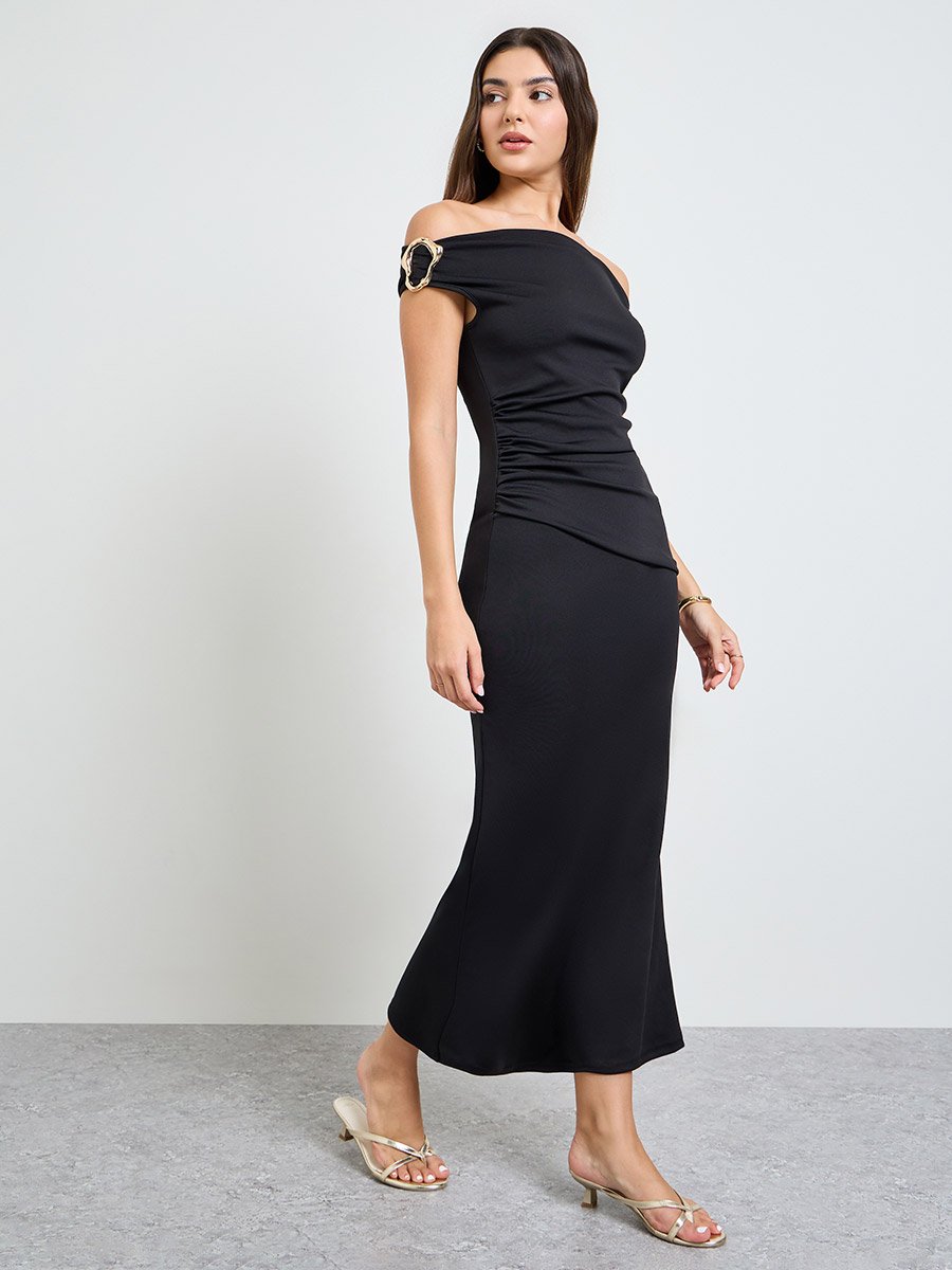 Black Off Shoulder Maxi Dress with Buckle Detail