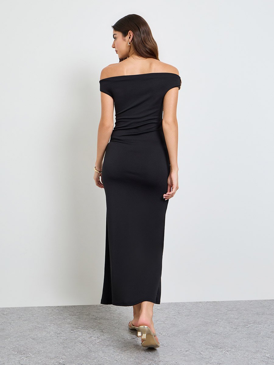 Black Off Shoulder Maxi Dress with Buckle Detail