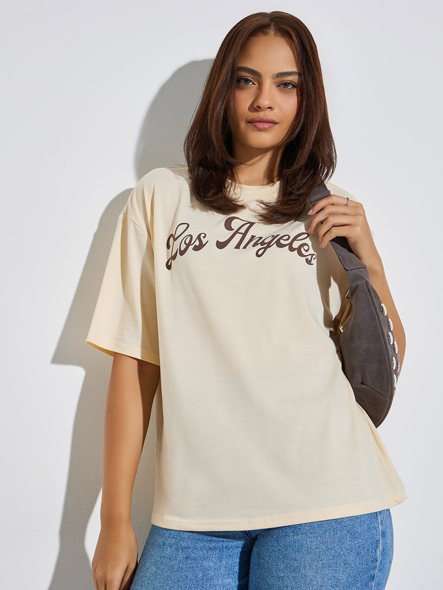 Beige Los Angeles Slogan Oversized T-Shirt