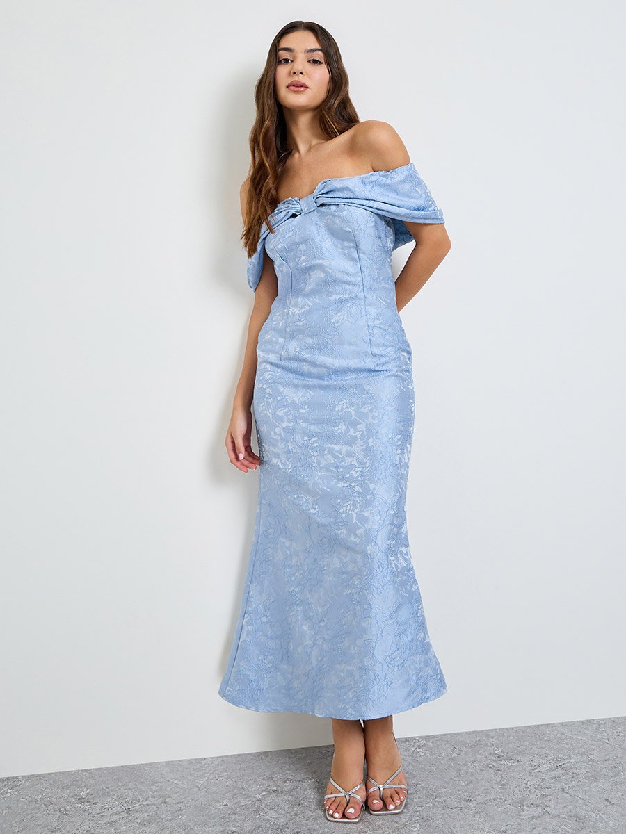 Blue Off Shoulder Jacquard Maxi Dress