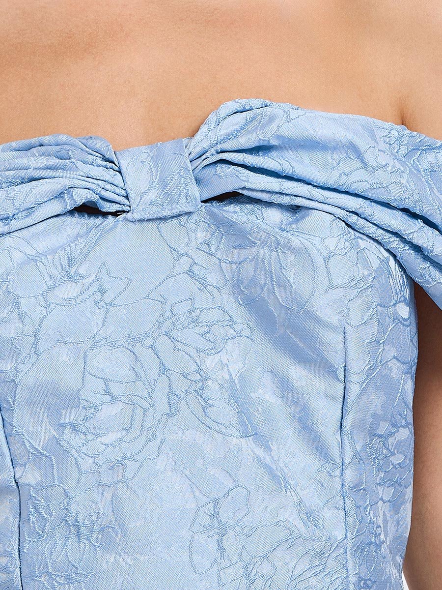 Blue Off Shoulder Jacquard Maxi Dress