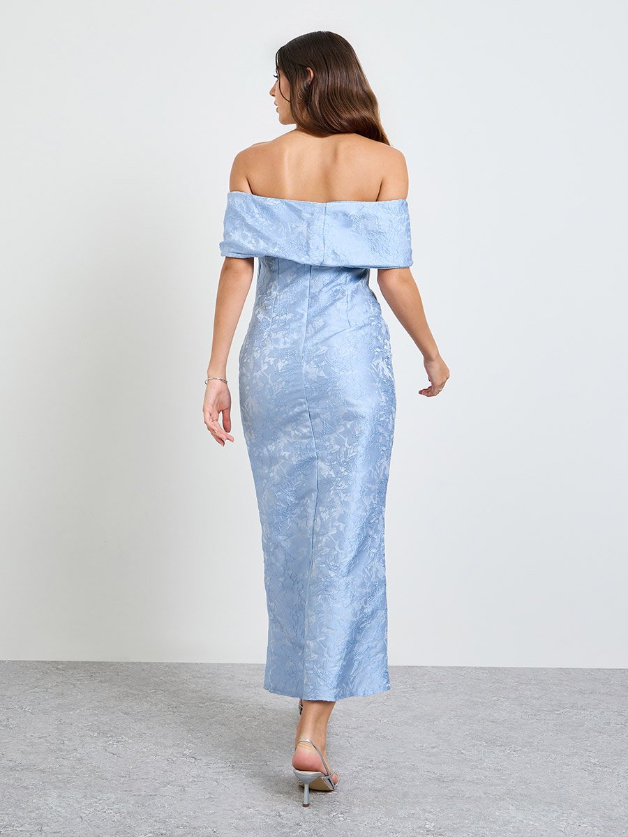 Blue Off Shoulder Jacquard Maxi Dress