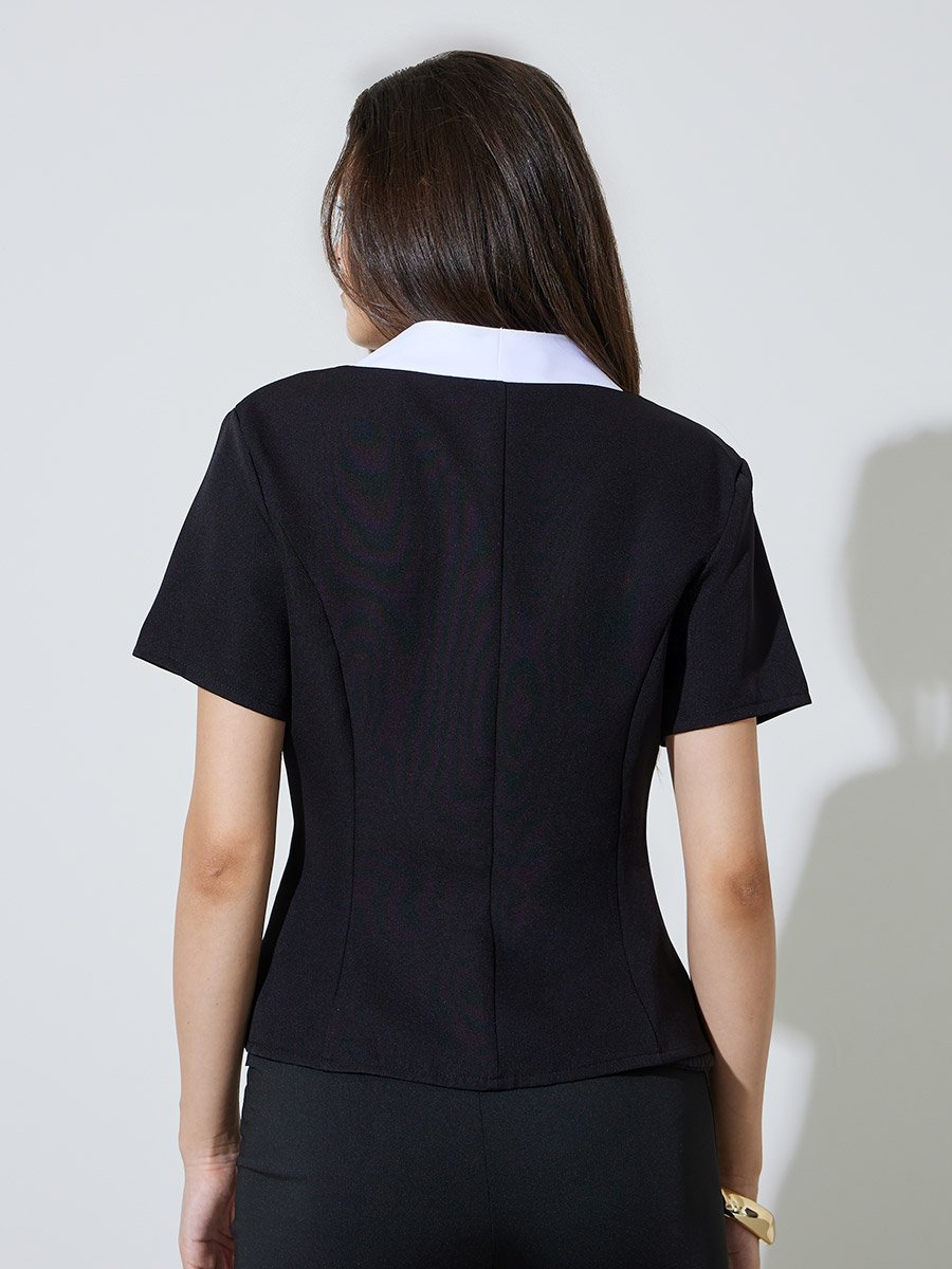 Black Plunge V Neck Short Sleeve Top