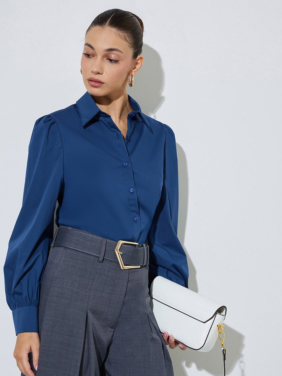 Navy Blue Puff Sleeve Fitted Shirt