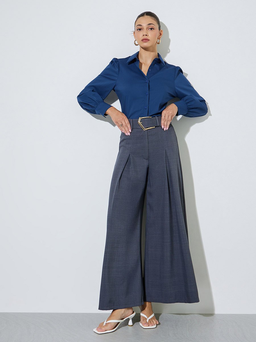 Navy Blue Puff Sleeve Fitted Shirt