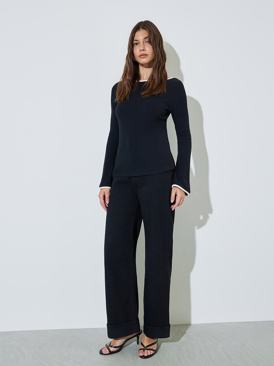 Black Boat Neck Knit Top with Tipping Detail