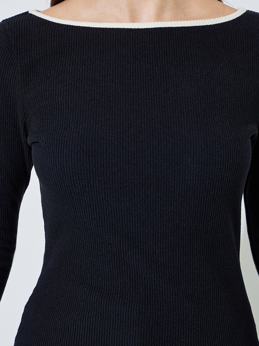 Black Boat Neck Knit Top with Tipping Detail