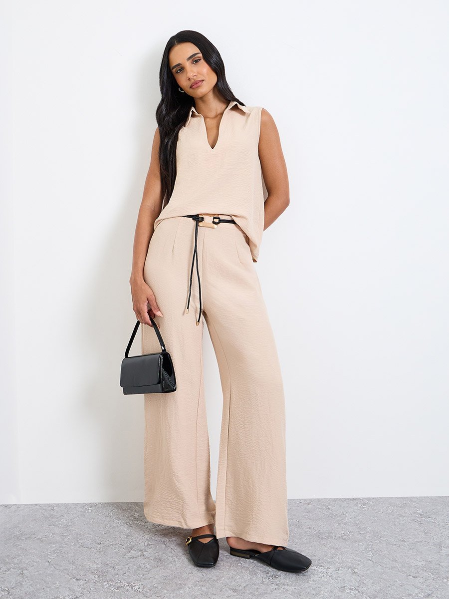 Beige Open Collar Top and Pants Co-Ords Set