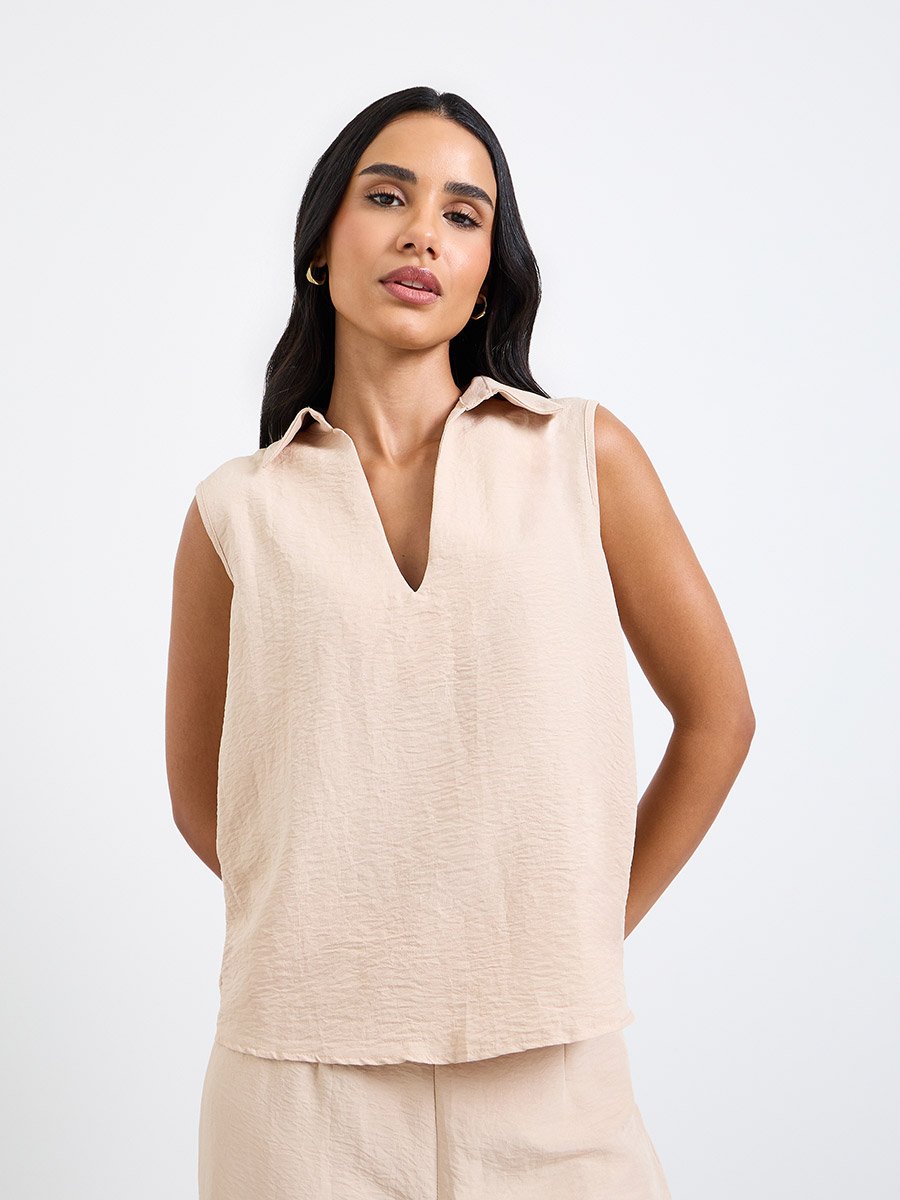 Beige Open Collar Top and Pants Co-Ords Set