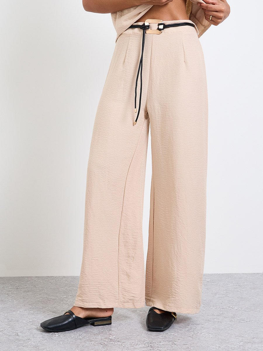 Beige Open Collar Top and Pants Co-Ords Set