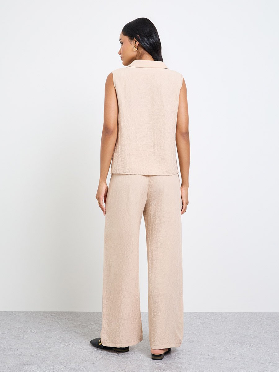 Beige Open Collar Top and Pants Co-Ords Set