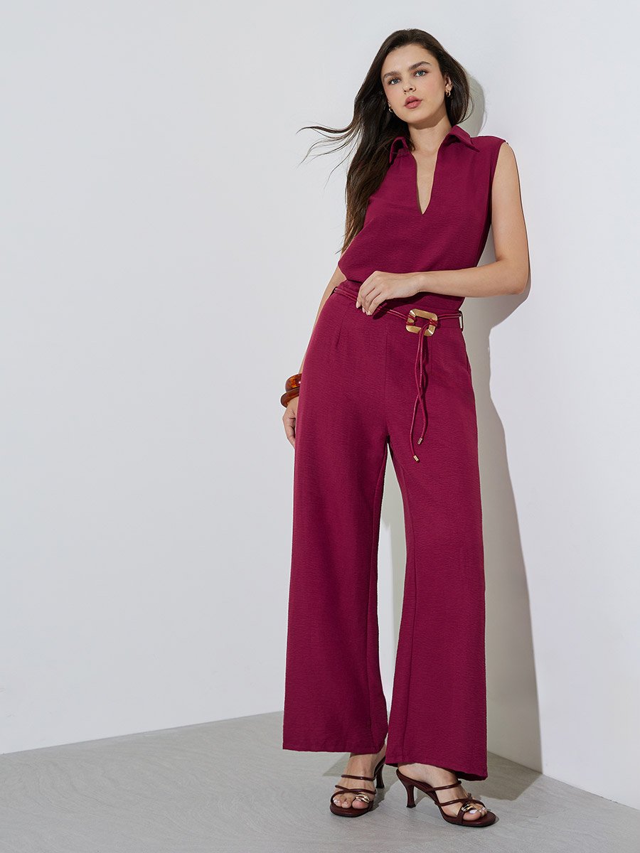 Burgundy Open Collar Top and Pants Co-Ords Set