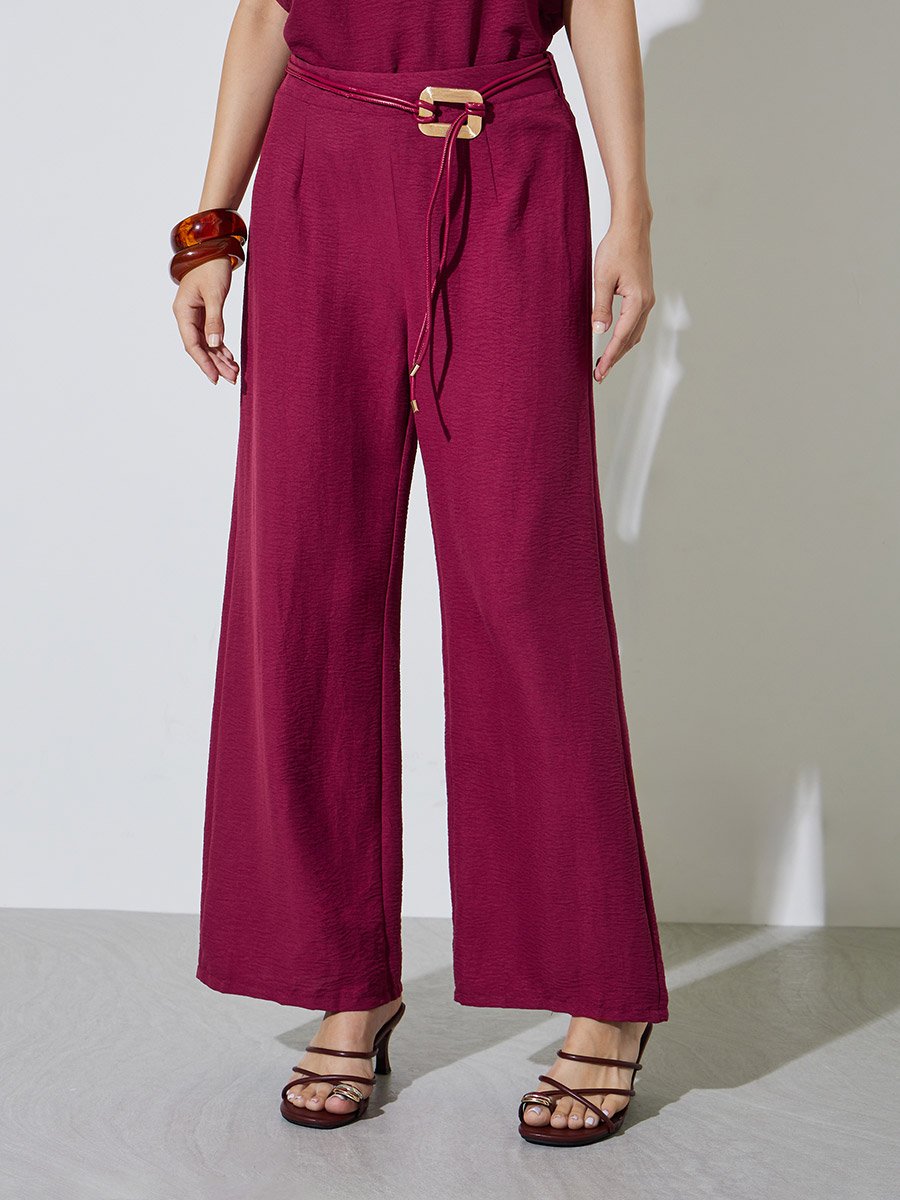 Burgundy Open Collar Top and Pants Co-Ords Set