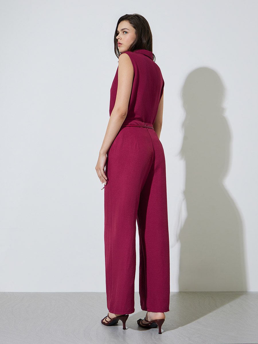 Burgundy Open Collar Top and Pants Co-Ords Set