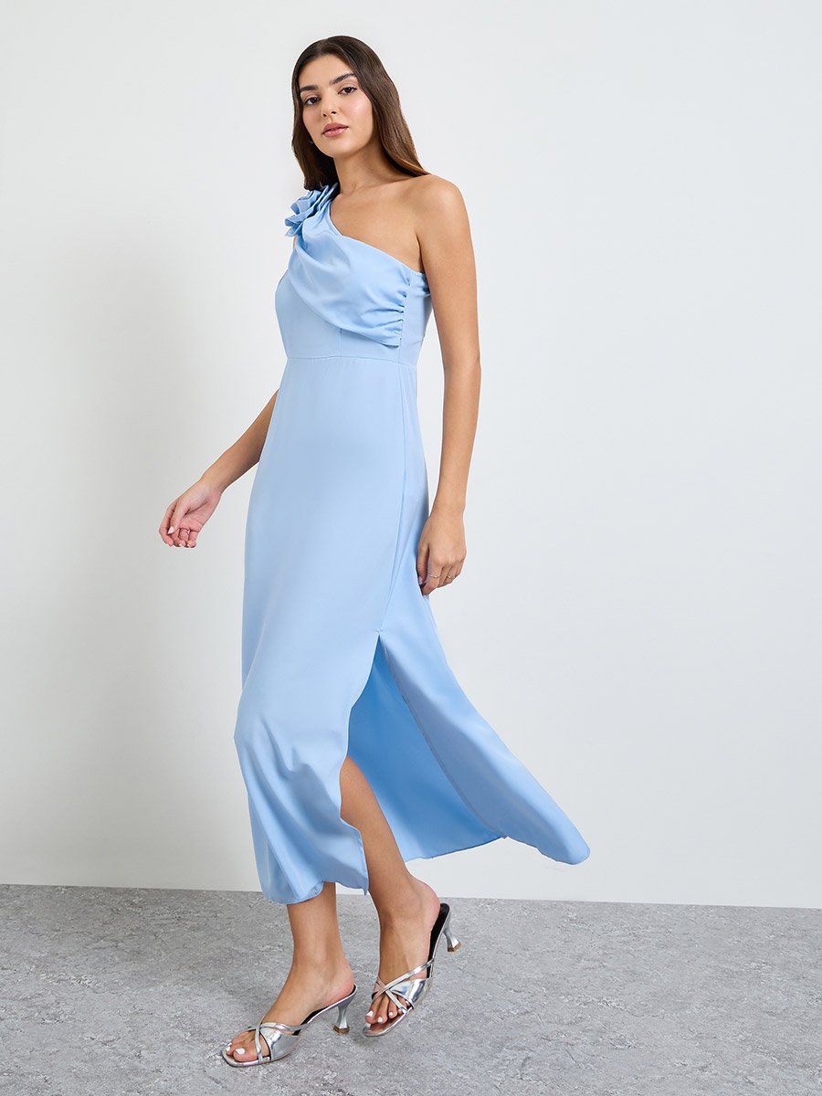 Blue One Shoulder Maxi Evening Dress