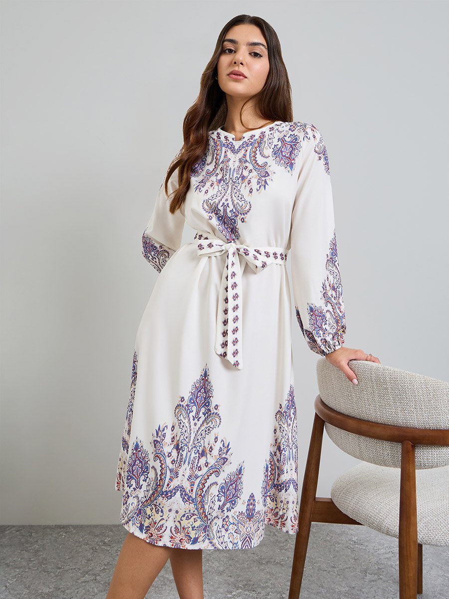 Off White Printed A-Line Midi Dress with Tie-Belt
