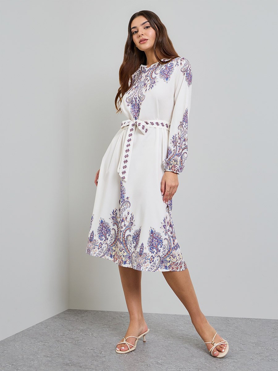 Off White Printed A-Line Midi Dress with Tie-Belt