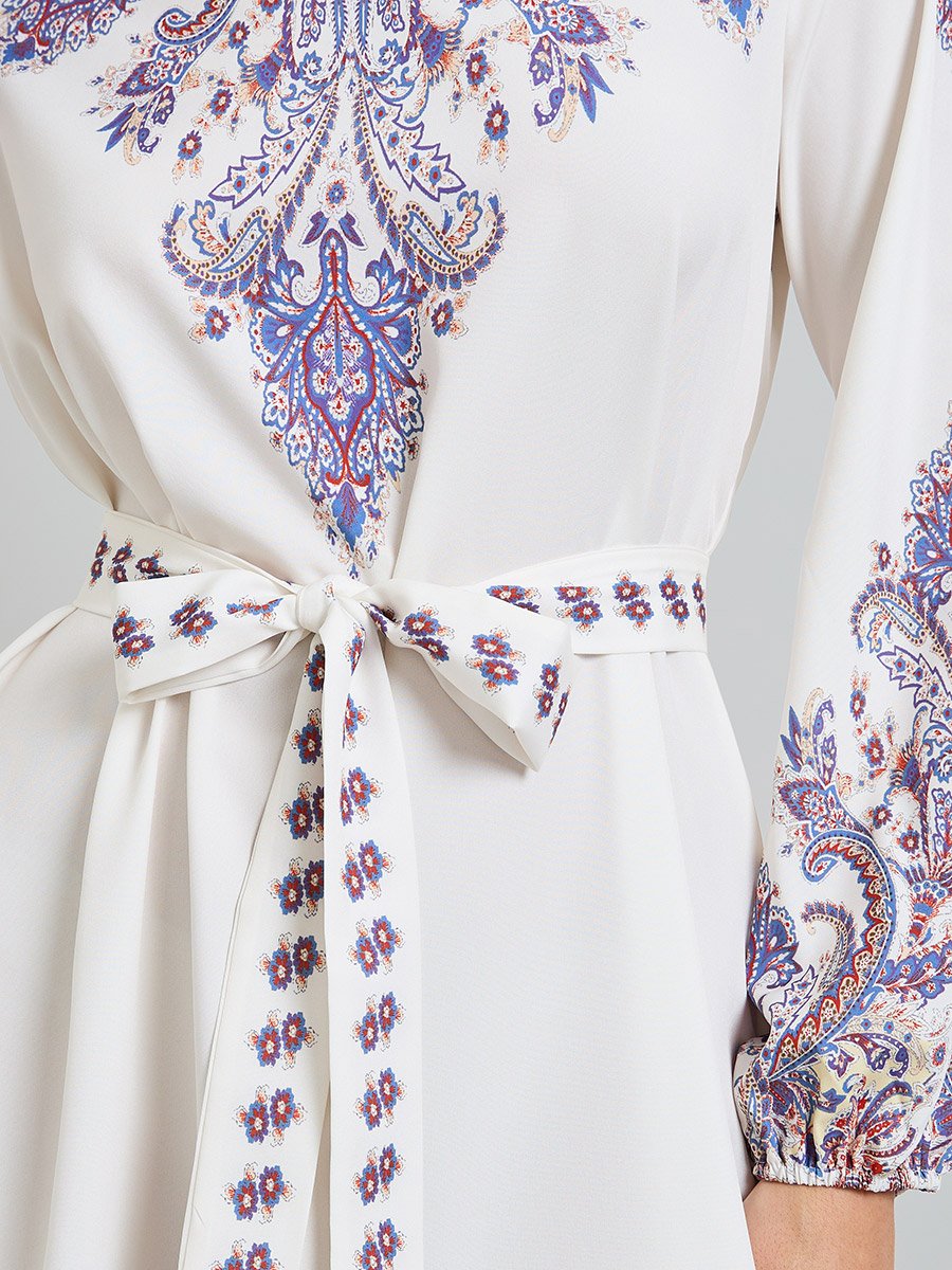 Off White Printed A-Line Midi Dress with Tie-Belt