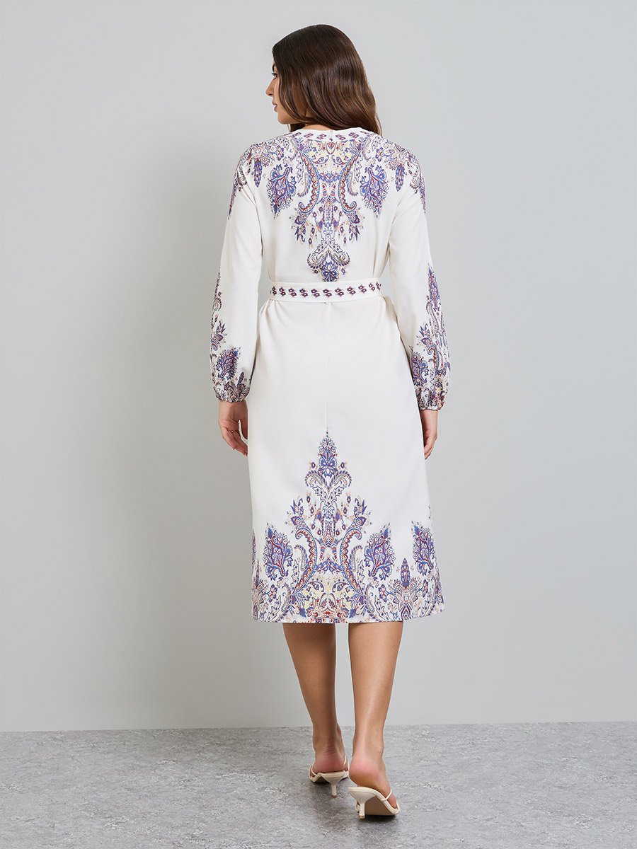 Off White Printed A-Line Midi Dress with Tie-Belt