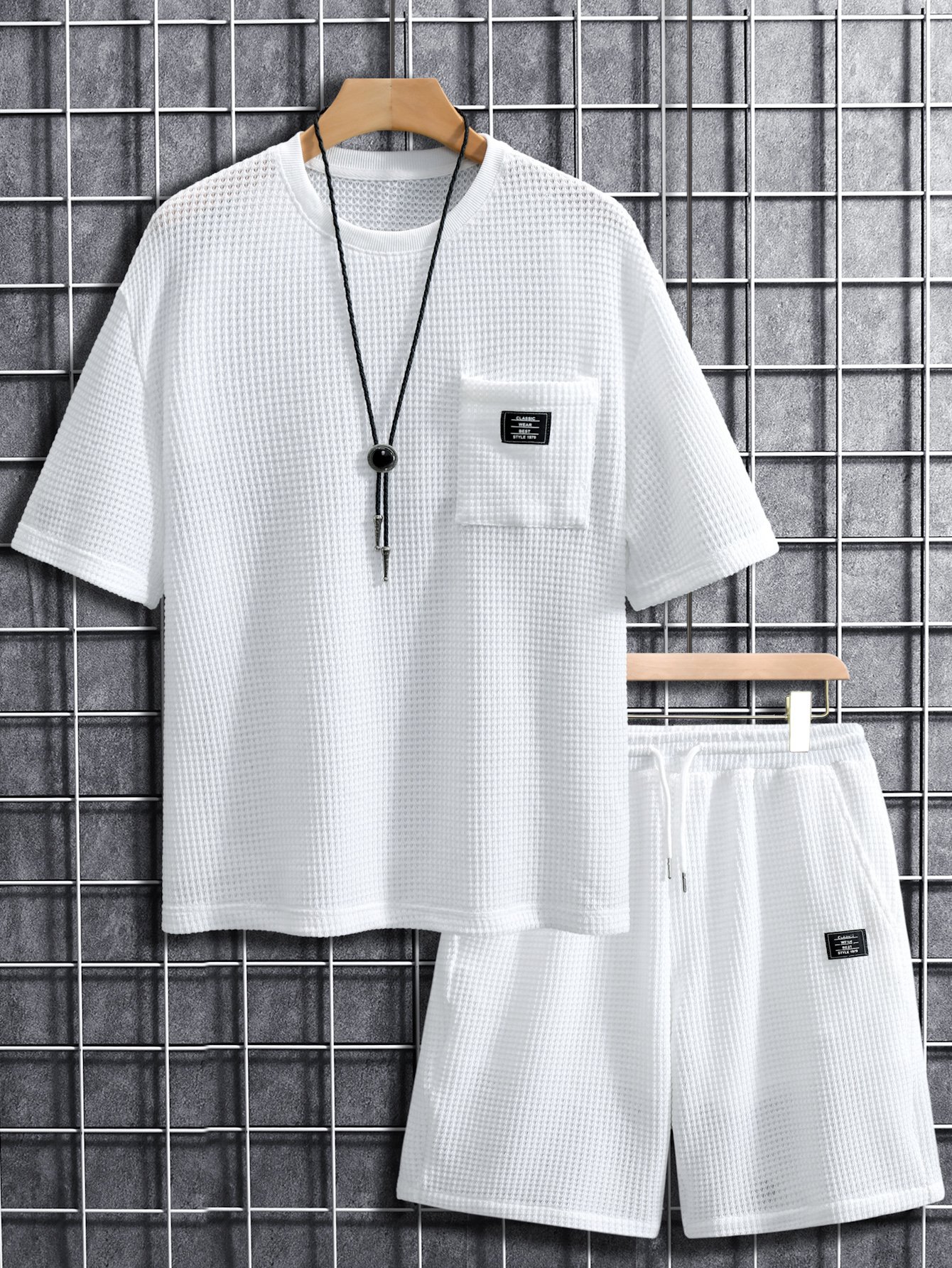 Men White Waffle Knit T-Shirt and Shorts Set