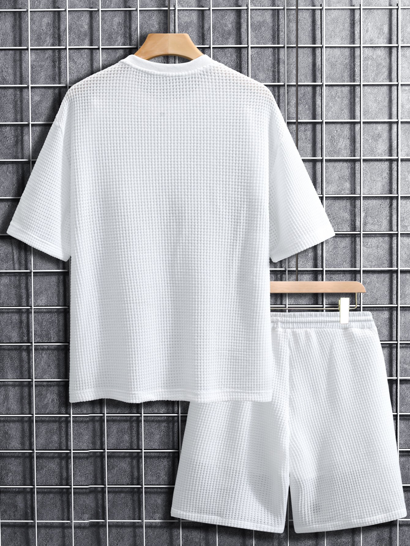 Men White Waffle Knit T-Shirt and Shorts Set