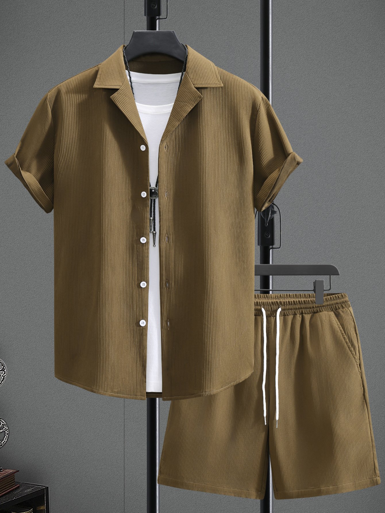 Men Brown Corduroy Shirt and Shorts Set