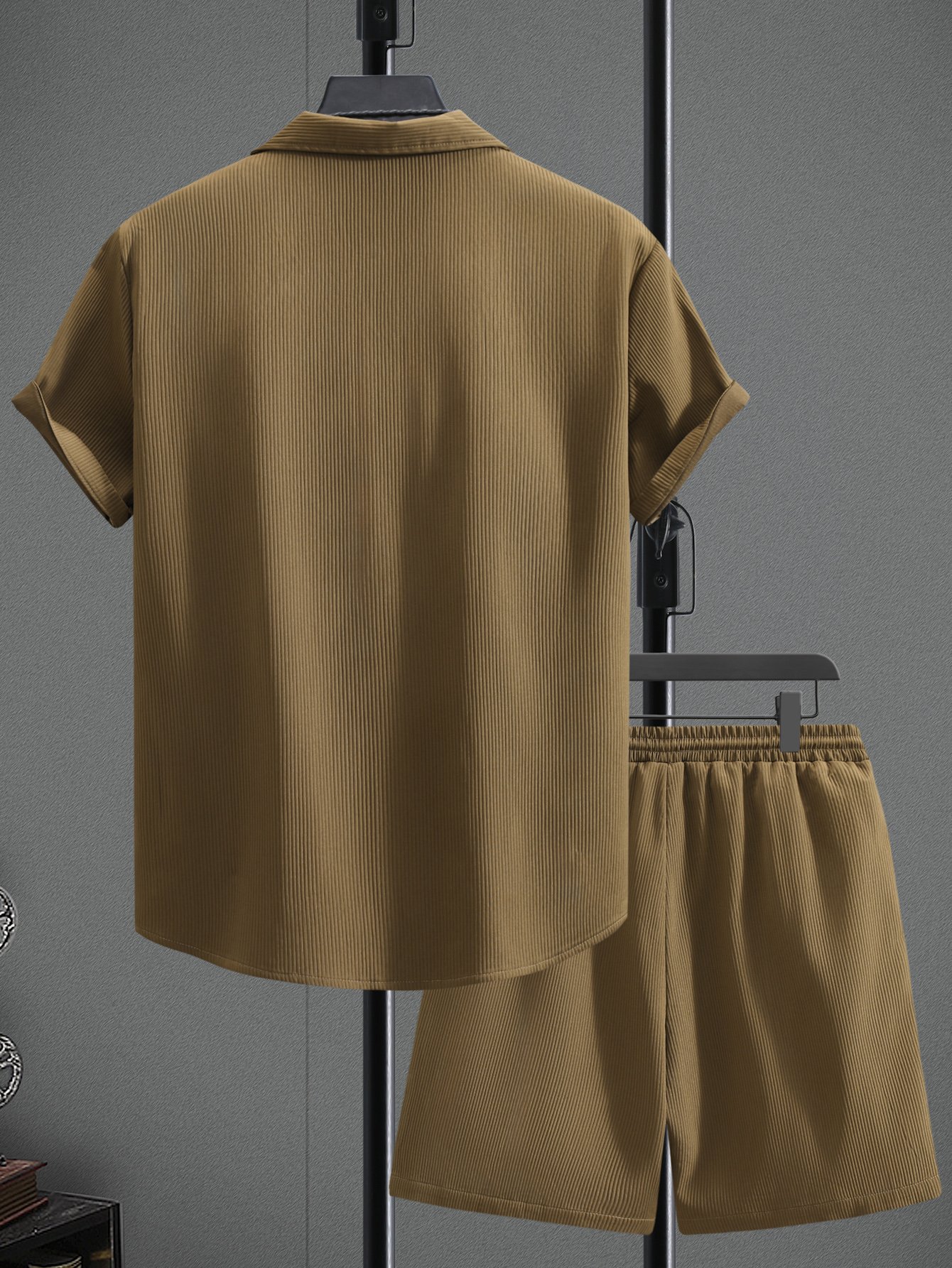 Men Brown Corduroy Shirt and Shorts Set