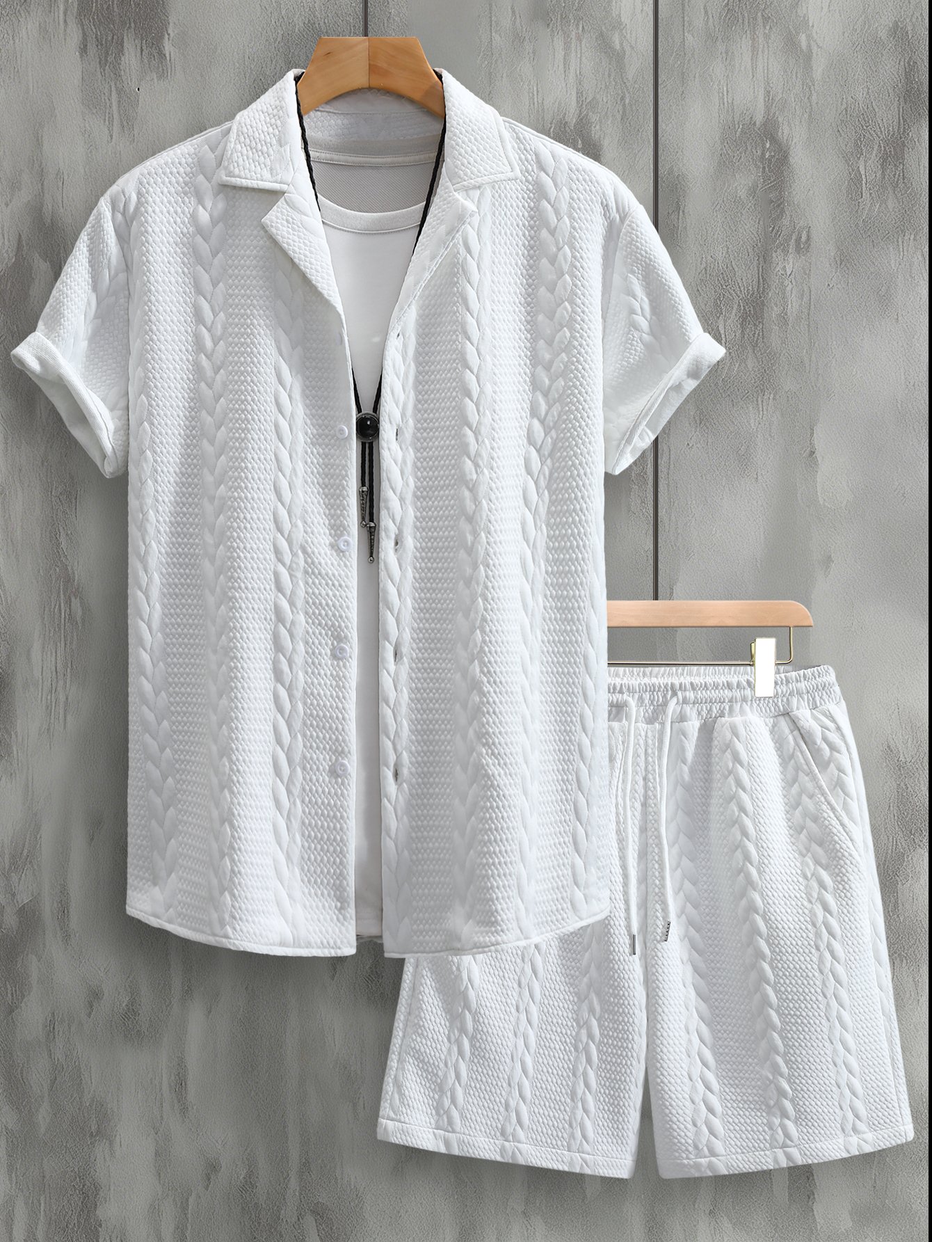 Men White Textured Shirt and Shorts Co-Ords