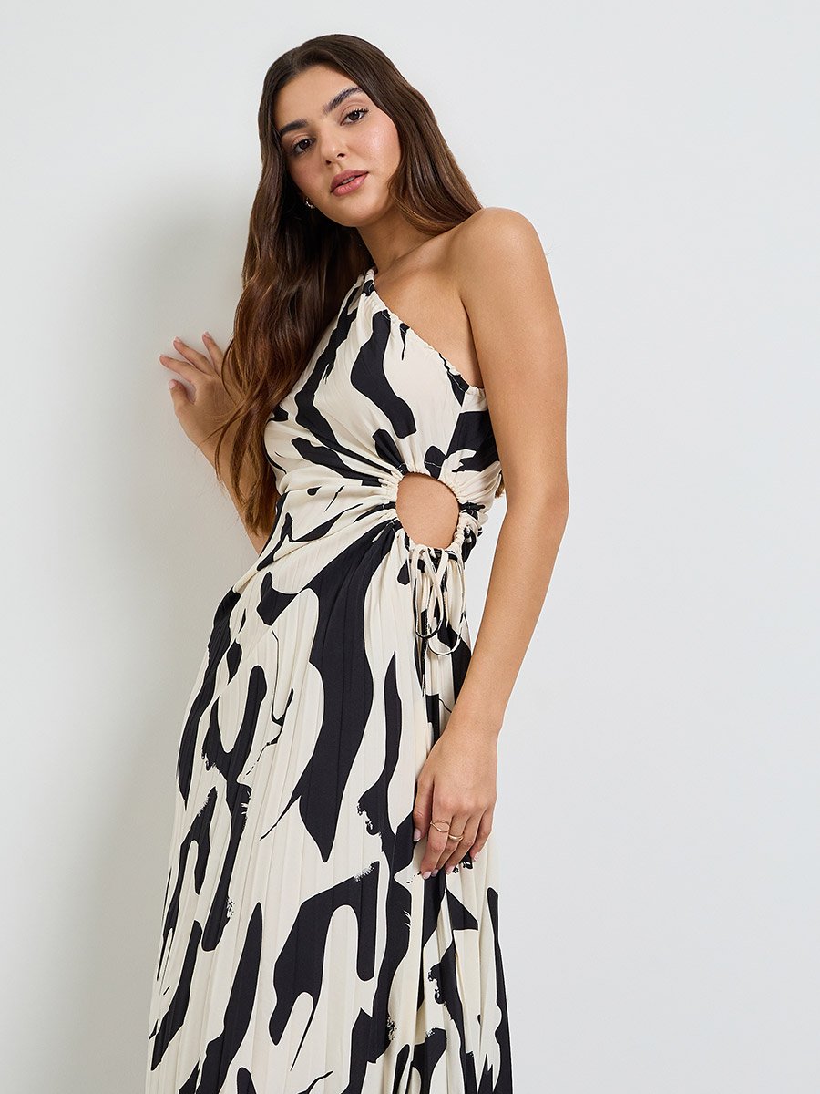 Black One Sleeve Midi Dress with Ruched Detail