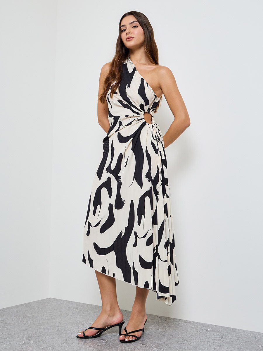 Black One Sleeve Midi Dress with Ruched Detail