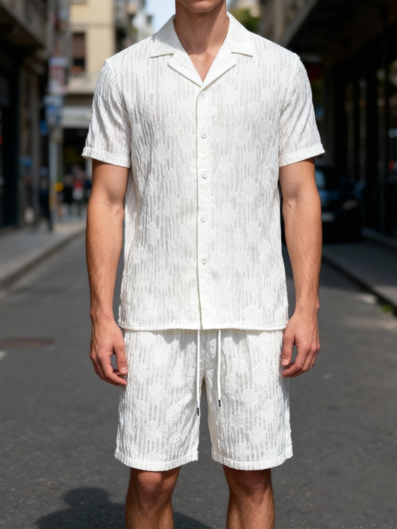 Men White Textured Shirt and Shorts Co-Ords