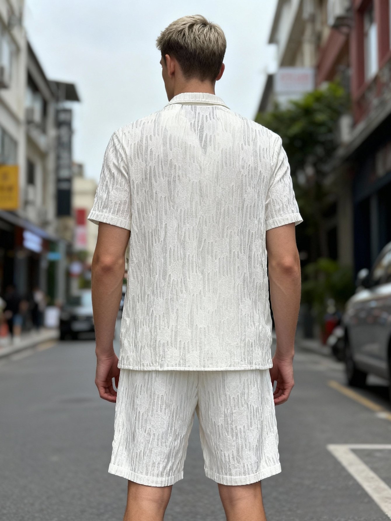 Men White Textured Shirt and Shorts Co-Ords