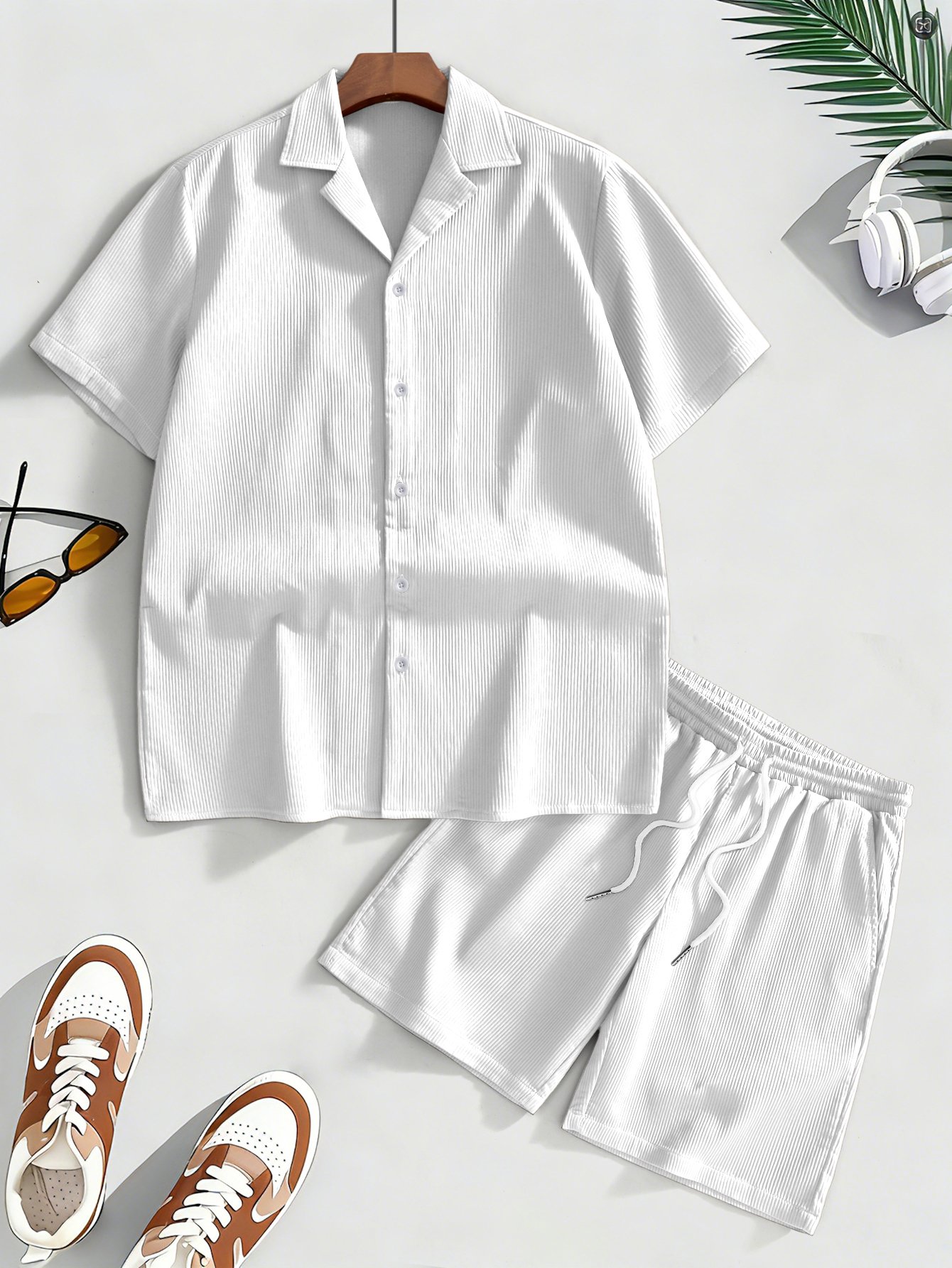 Men White Corduroy Shirt and Shorts Co-Ords