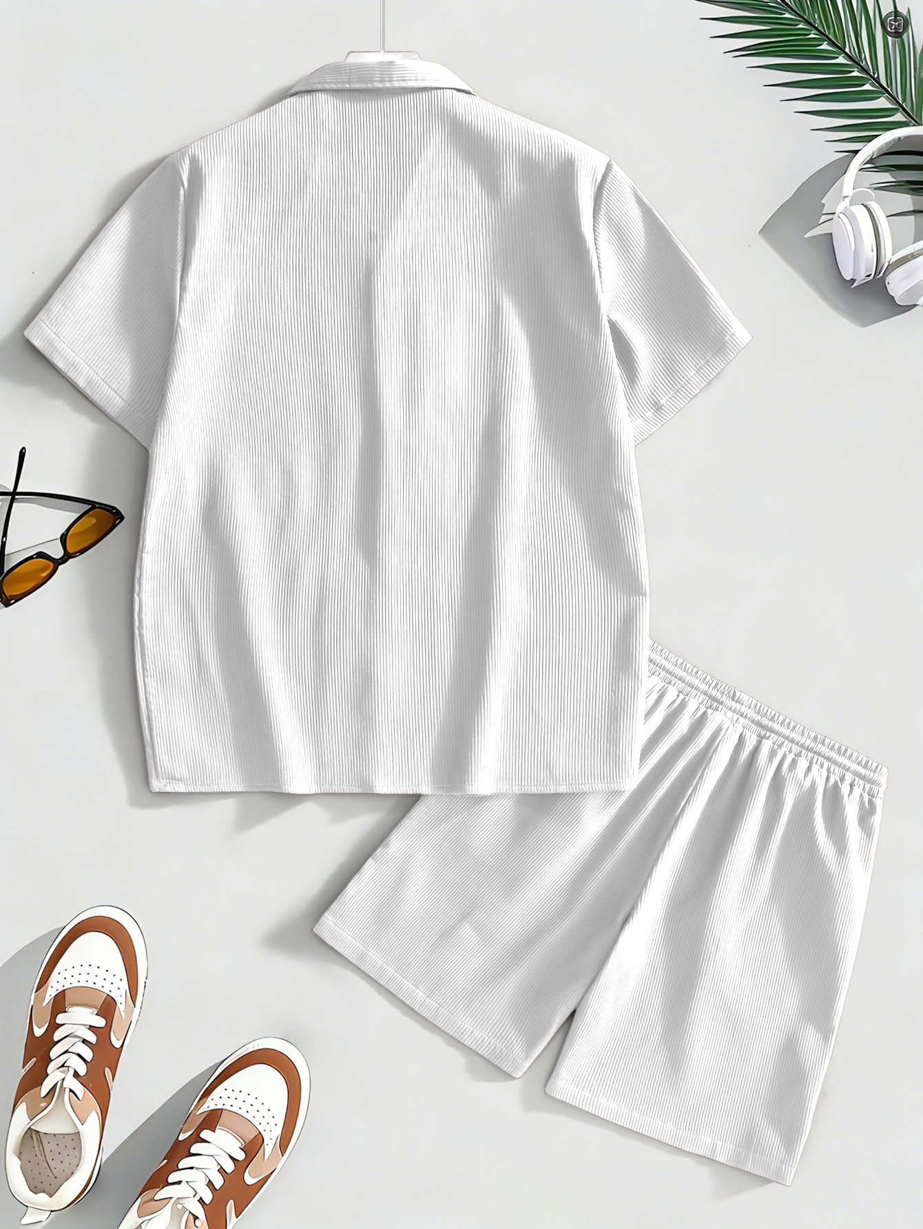 Men White Corduroy Shirt and Shorts Co-Ords