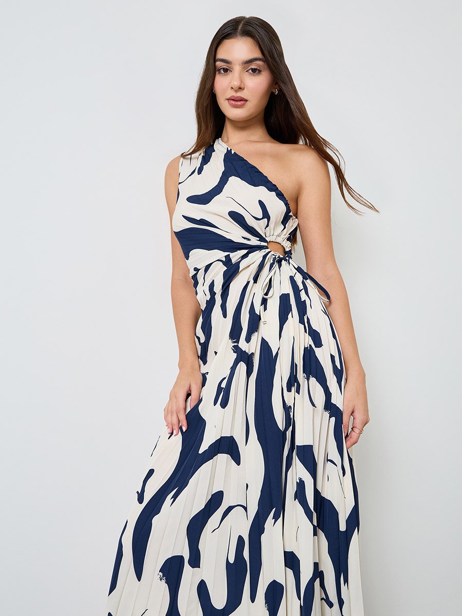 Navy Blue One Sleeve Midi Dress with Ruched Detail