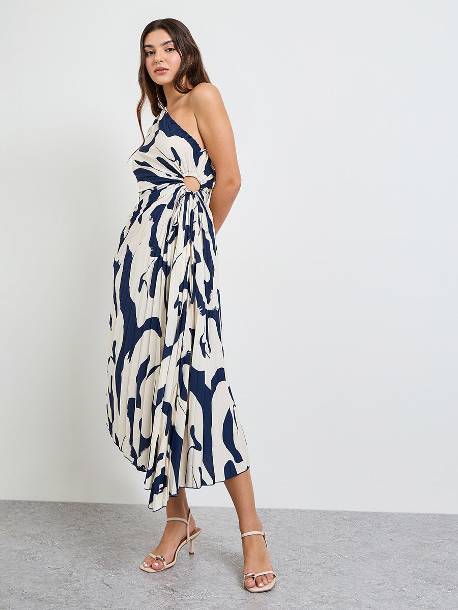 Navy Blue One Sleeve Midi Dress with Ruched Detail