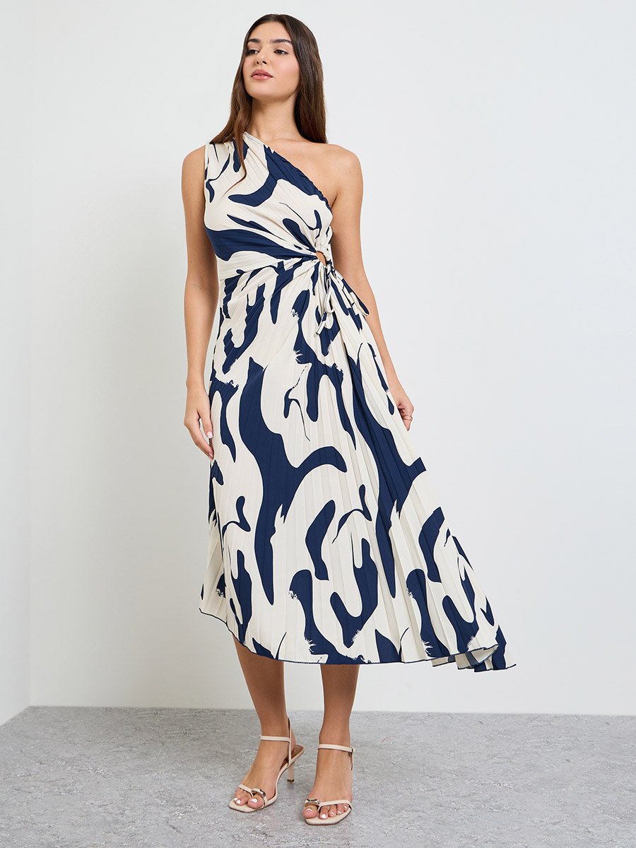 Navy Blue One Sleeve Midi Dress with Ruched Detail