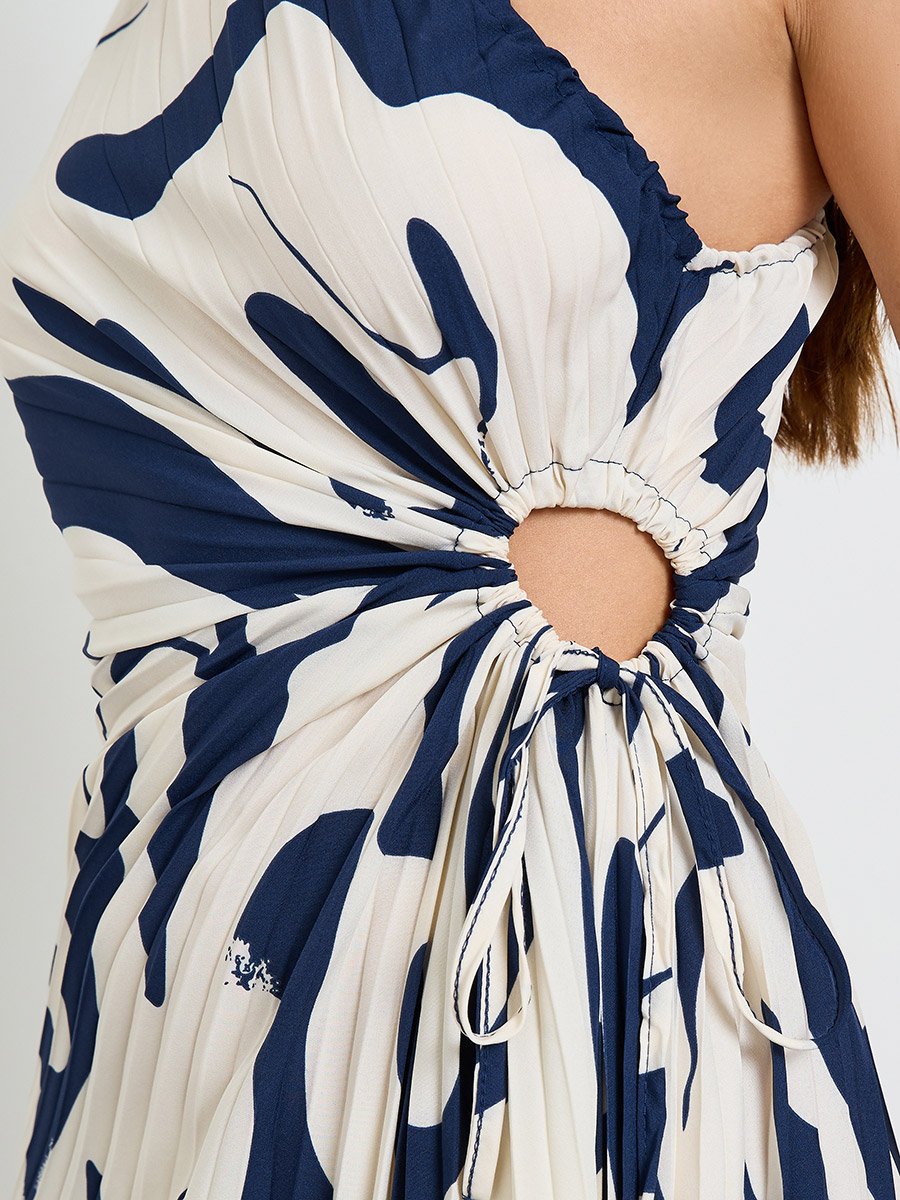 Navy Blue One Sleeve Midi Dress with Ruched Detail